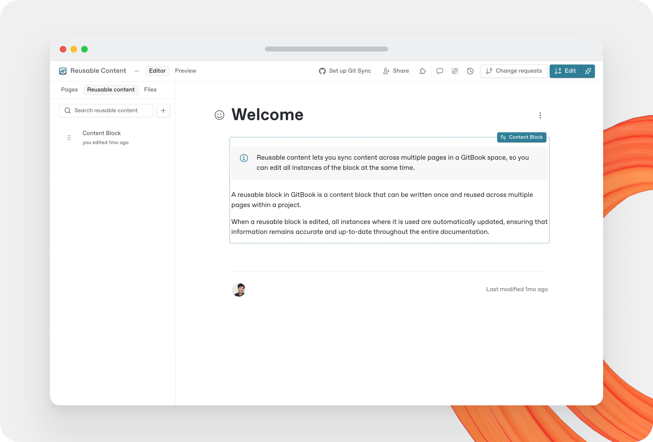 A GitBook screenshot showing reusable content