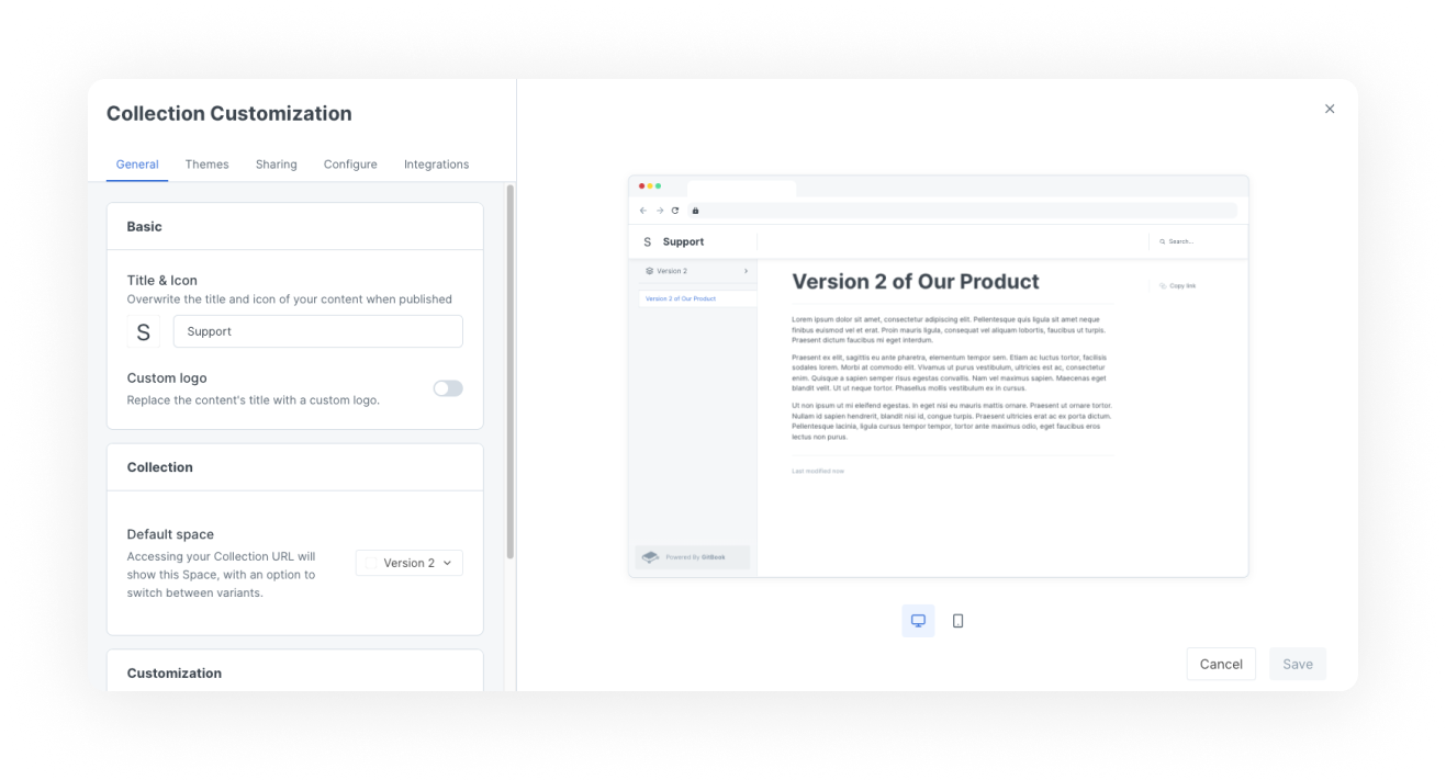 A screenshot showing the collection customization settings. On the left are the settings themselves, and on the right is a preview of how the published content will look with the selected settings.