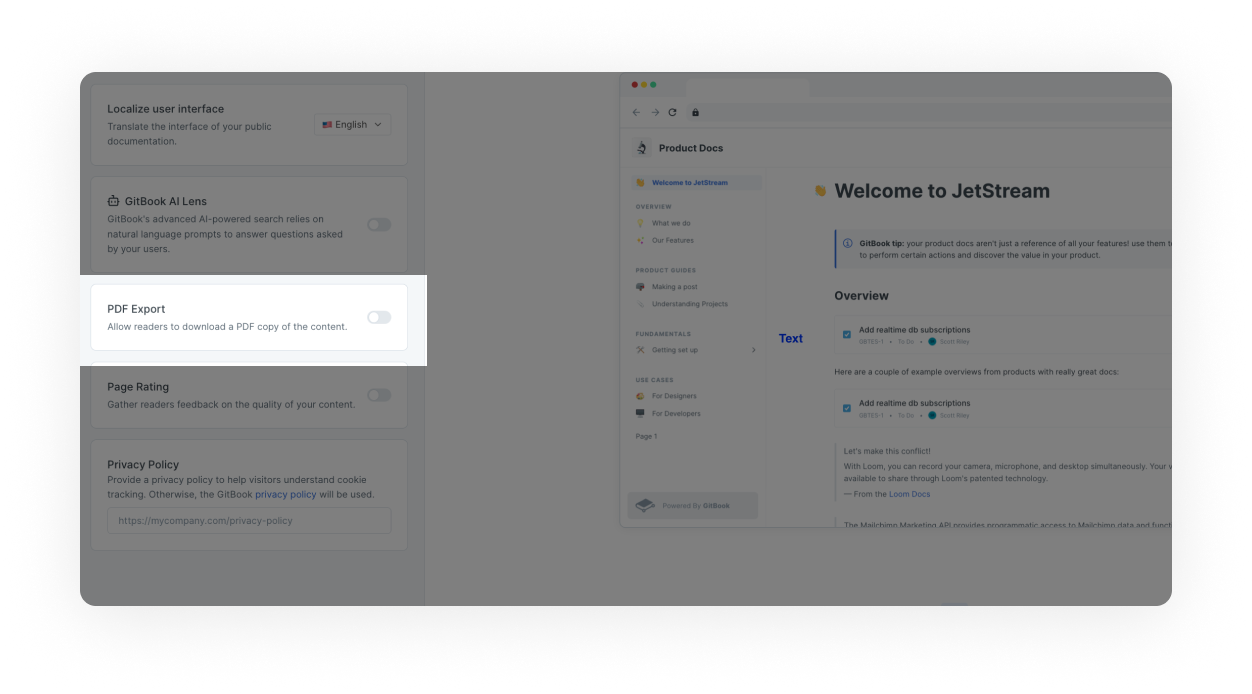 A screenshot showing space customization settings, with the PDF export setting highlighted.