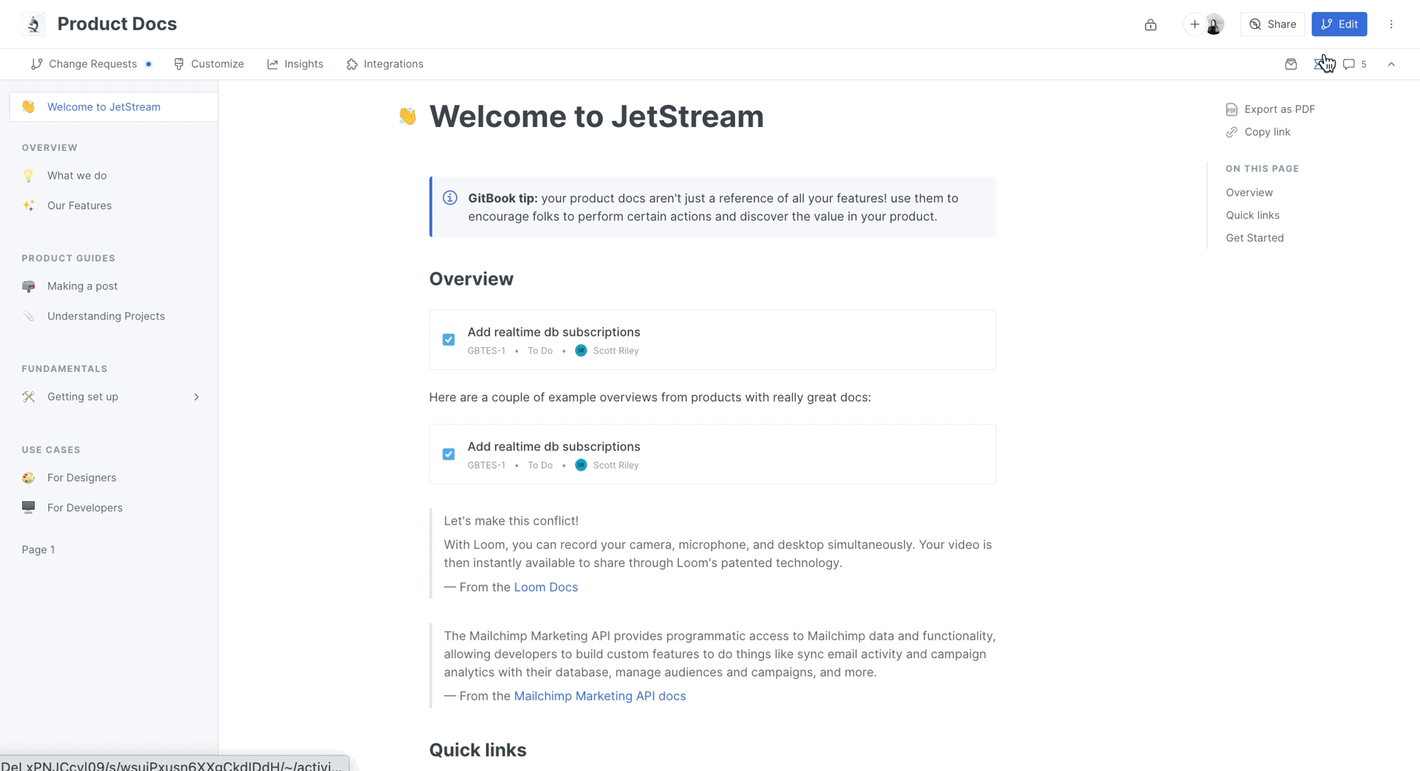 A screenshot of the GitBook app while viewing a specific point in the change history. From the menu in the bottom-right corner, an option to roll back to this point in time is available.