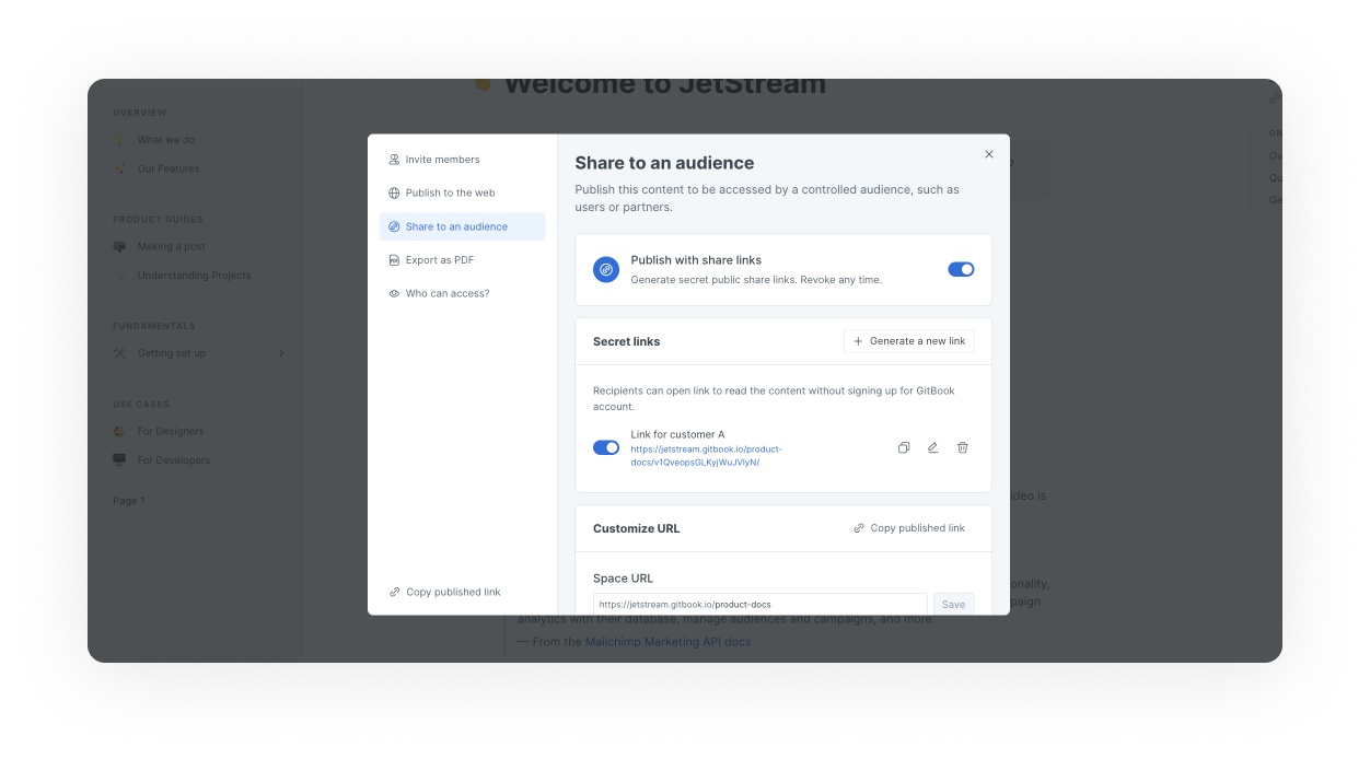 A screenshot of a GitBook space, with the visibility menu open. The selected visibility option is share link.