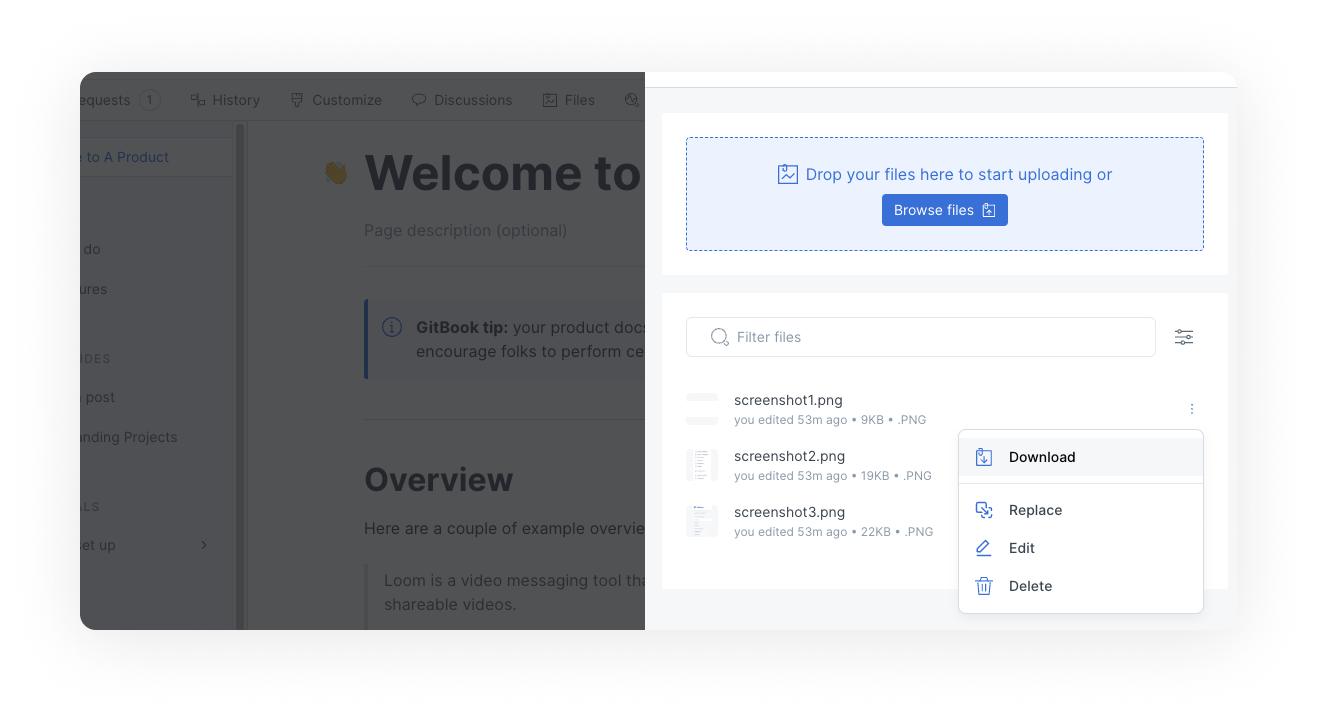 A screenshot of a GitBook space with the files panel open. The triple dot icon to the right side of a file has been clicked on to reveal a menu with the following options: download, replace, edit, and delete.