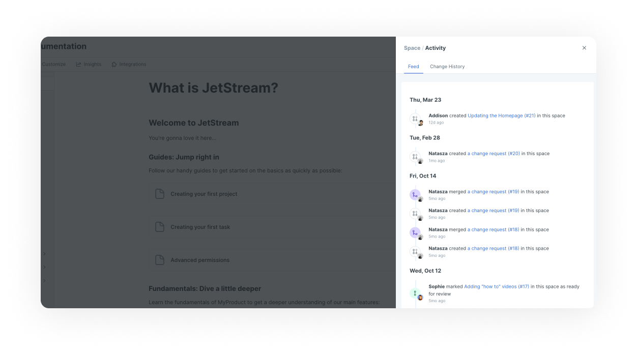 A screenshot showing the result of clicking History in the space subnavigation. The activity feed is visible, showing activities like visibility changes, merged change requests, and live edits being locked or unlocked.