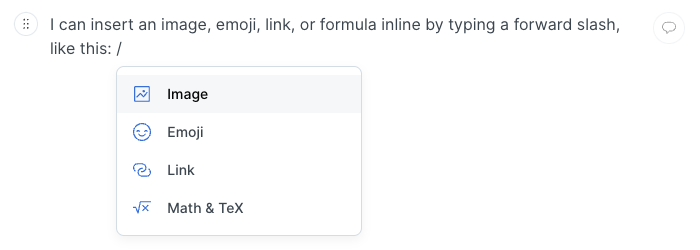 Screenshot showing the inline palette with all the inline options available to an editor.