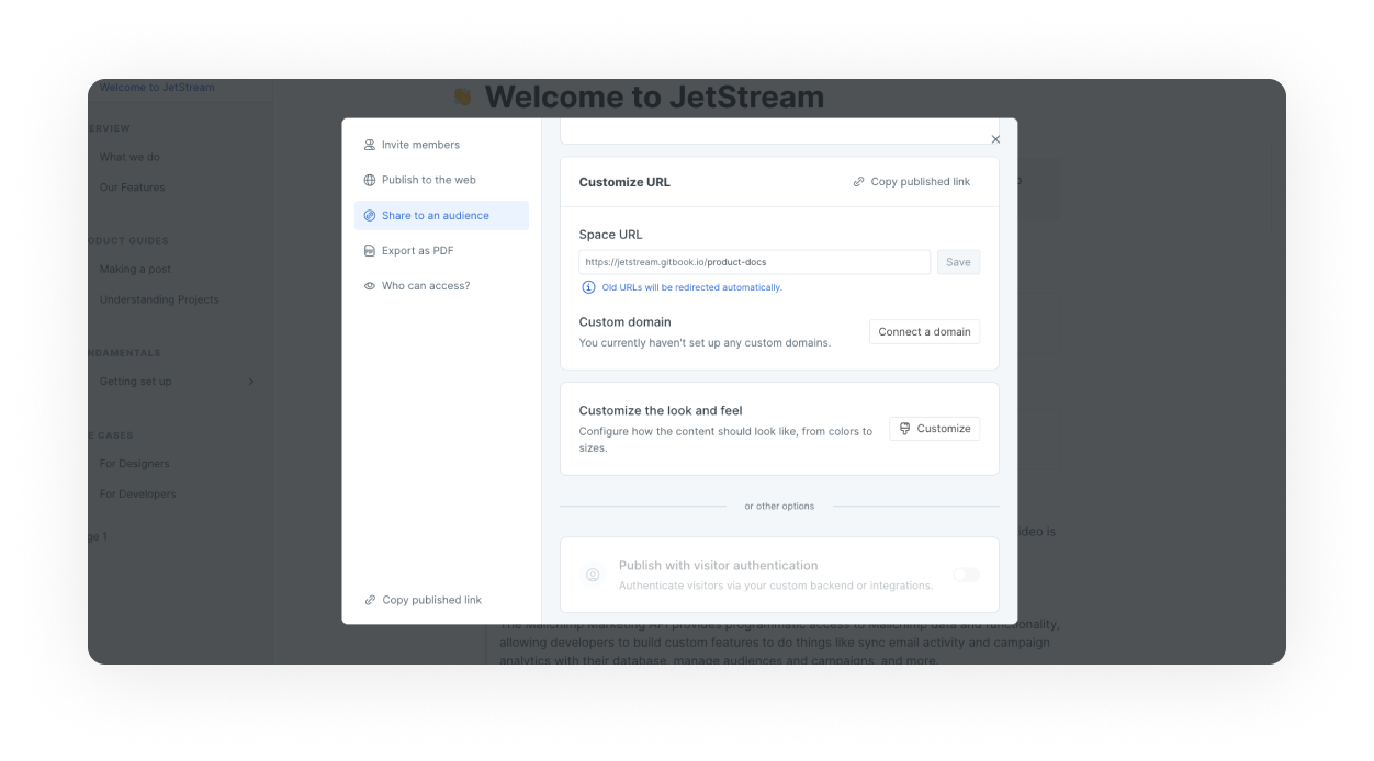 A screenshot of a GitBook space with link and domain settings, which is accessed from the visibility menu, open. Specific share links can be configured from here.