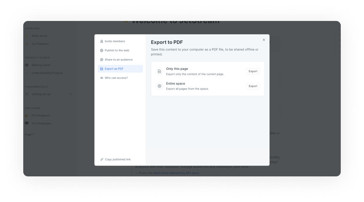 A screenshot showing the modal that becomes visible after clicking on "Export as PDF". The option to export "Only this page" is selected.