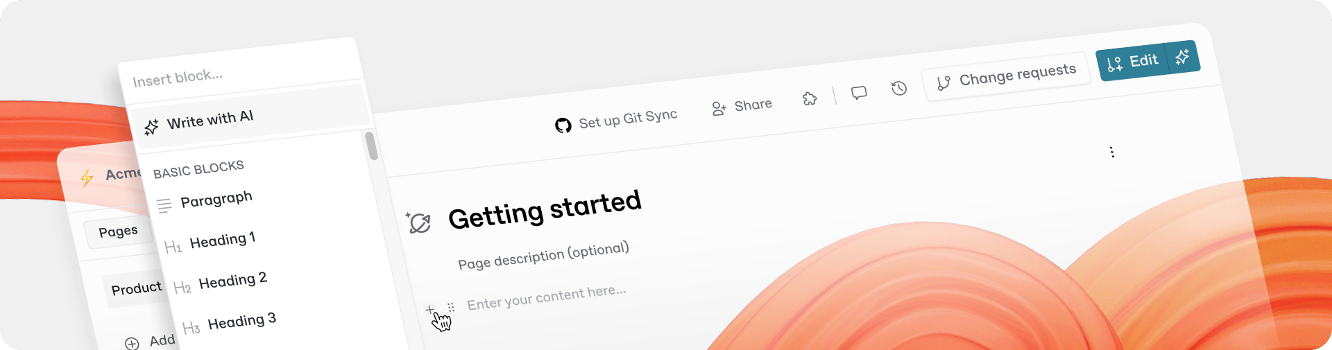 An illustration showing the block palette open in the GitBook editor. The window is floating on a pastel yellow and pink background