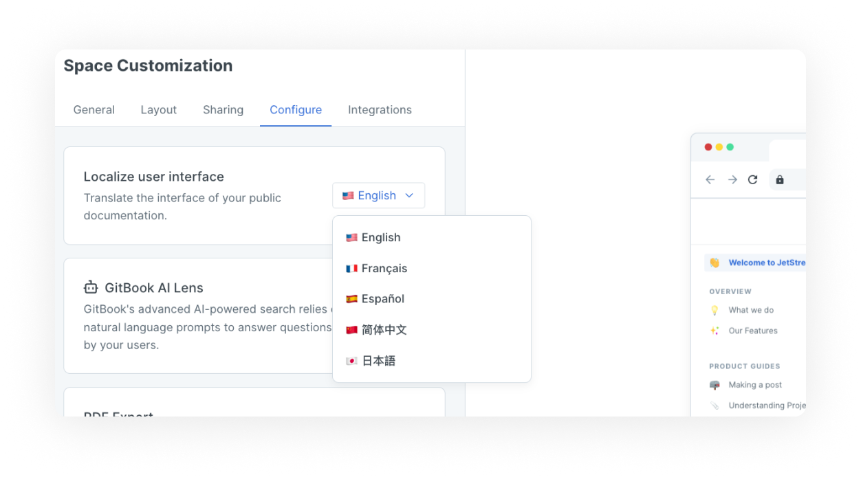 A screenshot of the customize panel. The configure tab has been selected, and the dropdown for the localize user interface setting has been expanded. It shows 5 language options: English, French, Spanish, Chinese (simplified), and Japanese.