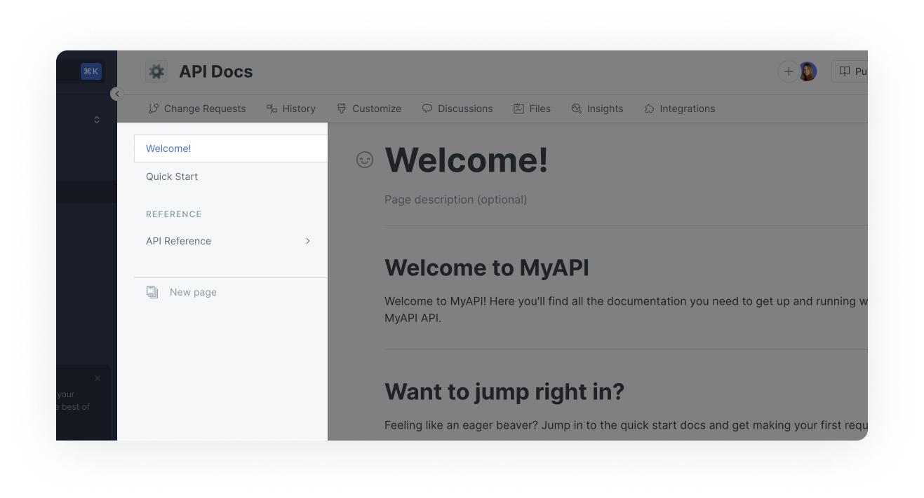 A screenshot of the GitBook app. On the left, next to the side bar is a highlighted section. This is the table of contents. The names of the pages in the space are listed here. At the bottom of the list of pages there is a button that says "New page".