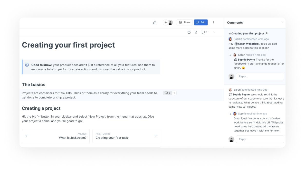 A screenshot of a GitBook space where users have been commenting on a paragraph block. The first asks for more detail to be included in the section, the second confirms that they will work on the changes.